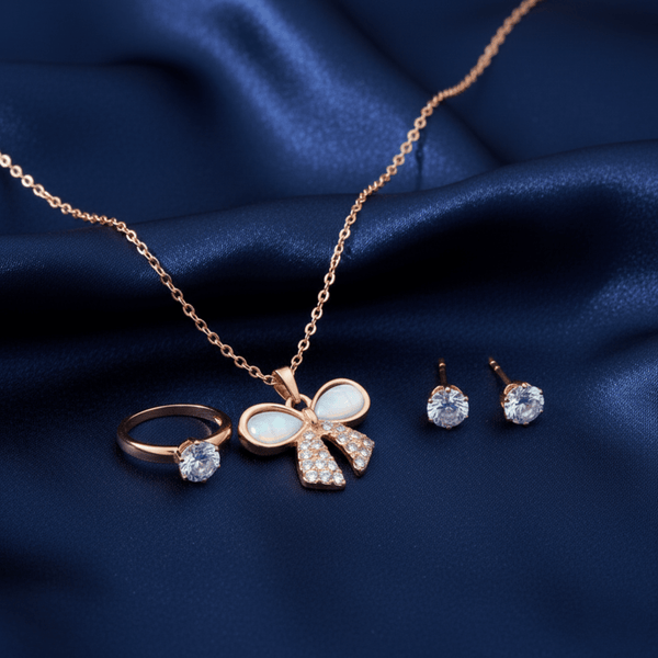 Tessara Rose Gold-Plated Translucent Stone Bow & Zirconia Pendant Set