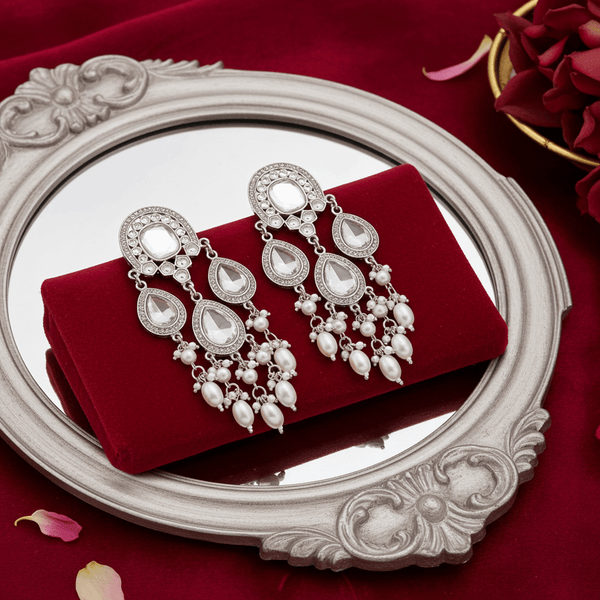 Tessara Silver-Plated Kundan & Pearl Teardrop Dangler Earrings in White