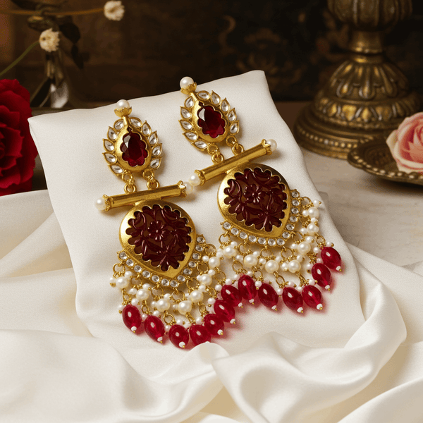 Tessara Gold Carved Stone & Pearl Danglers in Maroon