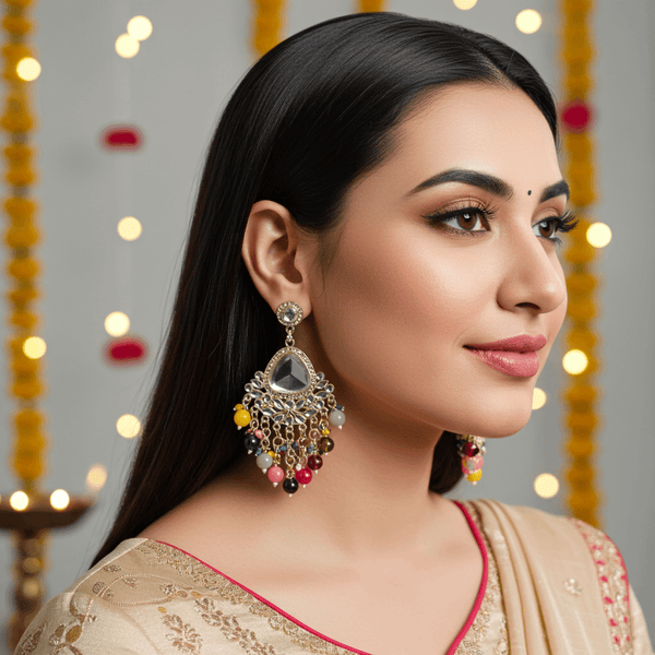 Tessara Gold-Plated Kundan Chandelier Earrings with Multicolor Beaded Tassels