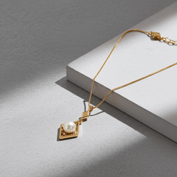 Tessara Gold-Plated White AD-Studded Geometric Pearl Pendant