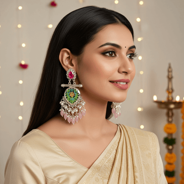 Tessara Silver-Plated Multicolor Meenakari Earrings with Onion Pink Beaded Tassels