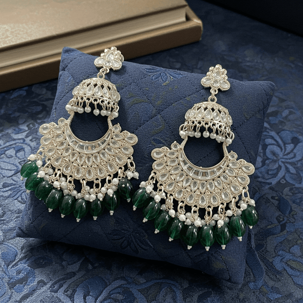 Tessara Silver-Plated Kundan Chandbali Earrings with Bottle Green Beads