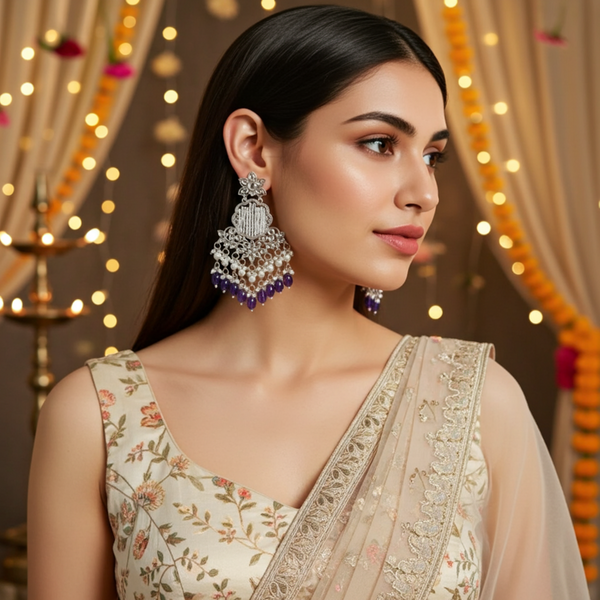 Tessara Silver Kundan Chandeliers with Purple Beads