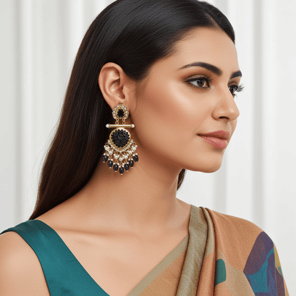 Tessara Gold-Plated Carved Stone & Pearl Drop Earrings in Purple