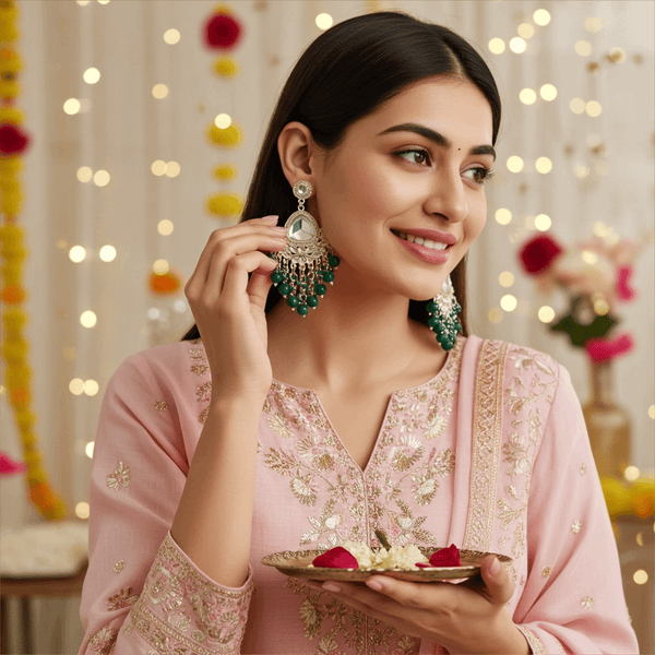 Tessara Silver-Plated Kundan Teardrop Earrings with Bottle Green Beaded Fringe