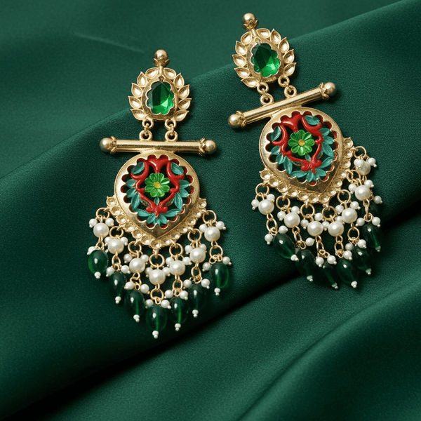 Tessara Gold-Plated Multicolor Meenakari Earrings with Green Beaded Tassels