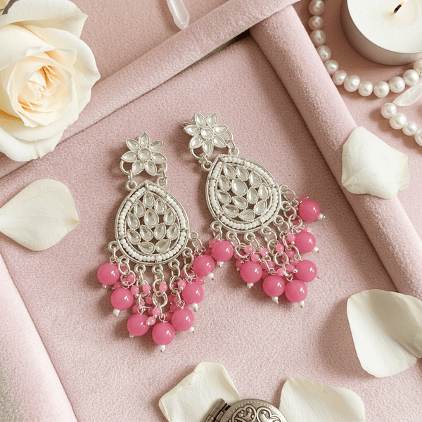 Tessara Silver Kundan Danglers with Rani Pink Beads