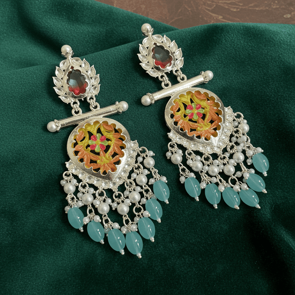 Tessara Silver-Plated Multicolor Meenakari Earrings with Dusty Teal Beaded Tassels