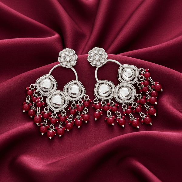 Tessara Silver-Plated Kundan Chandelier Earrings with Maroon Beaded Tassels