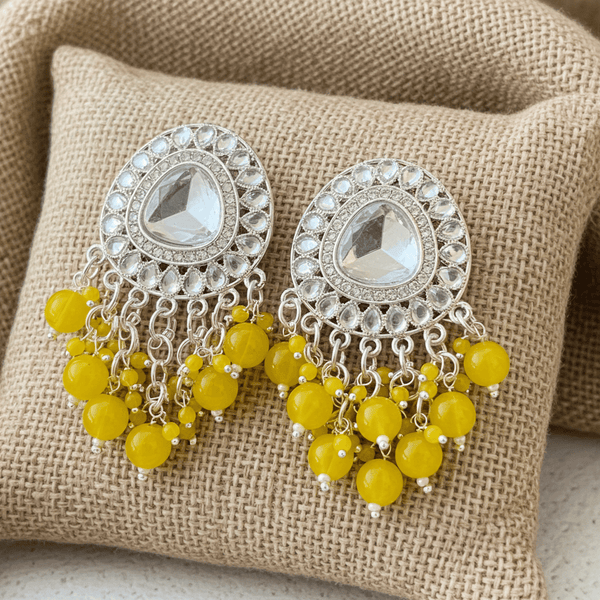 Tessara Silver-Plated Kundan Drop Earrings with Yellow Beaded Fringe