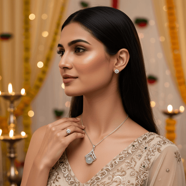 Tessara Silver-Plated Sea Green Cabochon & Solitaire Pendant Set with Ring