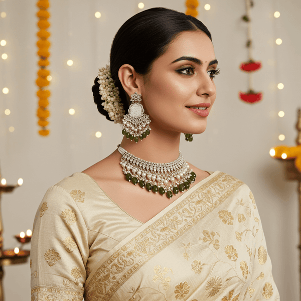 Tessara Silver Kundan Chandeliers with Mehendi Green Beads