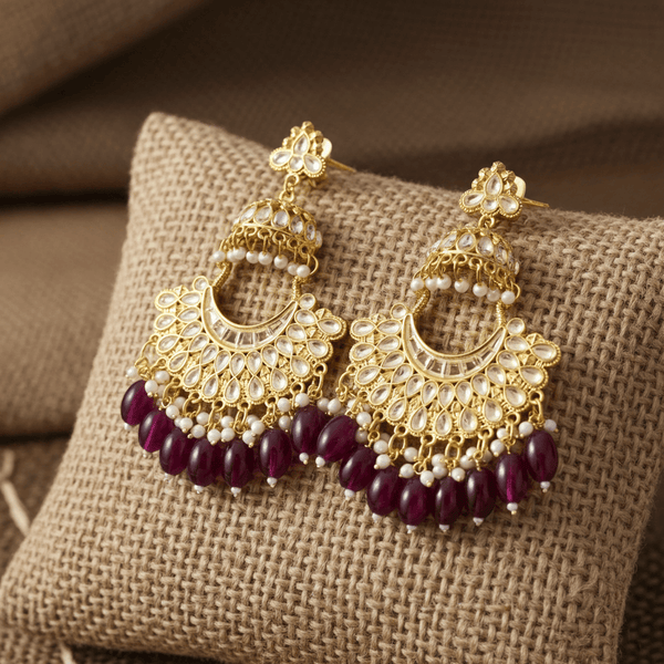 Tessara Gold Kundan Pearl Chandbali with Wine Beads