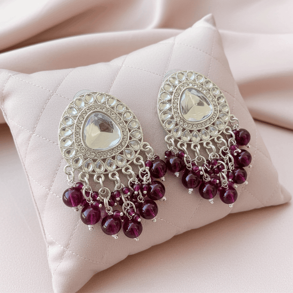 Tessara Silver-Plated Kundan Drop Earrings with Wine Beaded Fringe