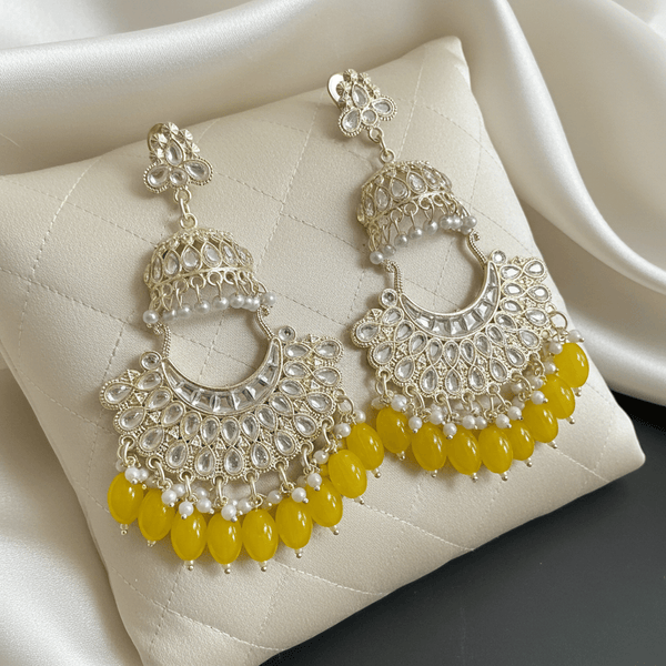 Tessara Gold-Plated Kundan Chandbali Earrings with Yellow Beads