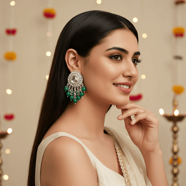 Tessara Silver-Plated Kundan Drop Earrings with Bottle Green Beaded Fringe