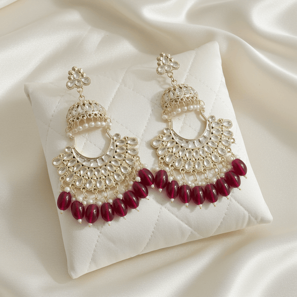 Tessara Gold Kundan Pearl Chandbali with Rani Pink Beads