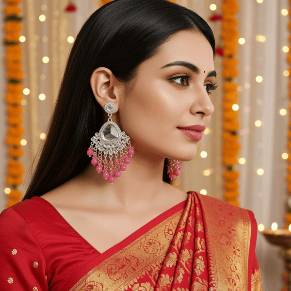 Tessara Silver-Plated Kundan Chandelier Earrings with Onion Pink Beaded Tassels