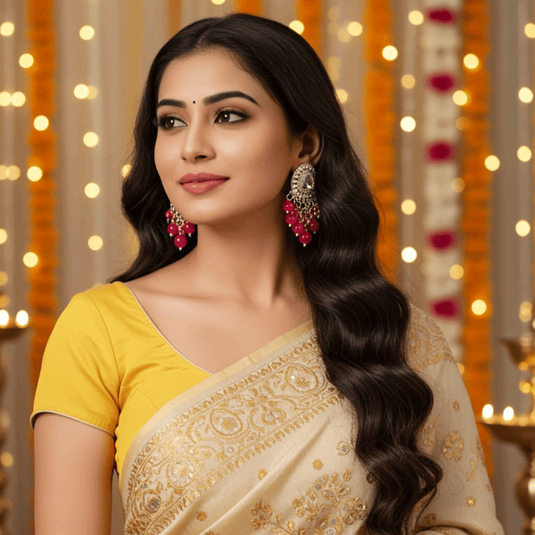 Tessara Silver-Plated Kundan Drop Earrings with Rani Pink Beaded Fringe