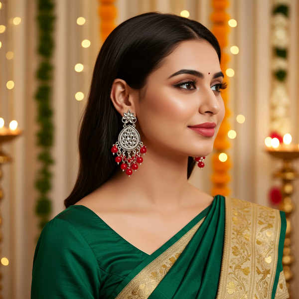 Tessara Silver-Plated Kundan Teardrop Earrings with Coral Red Beaded Fringe