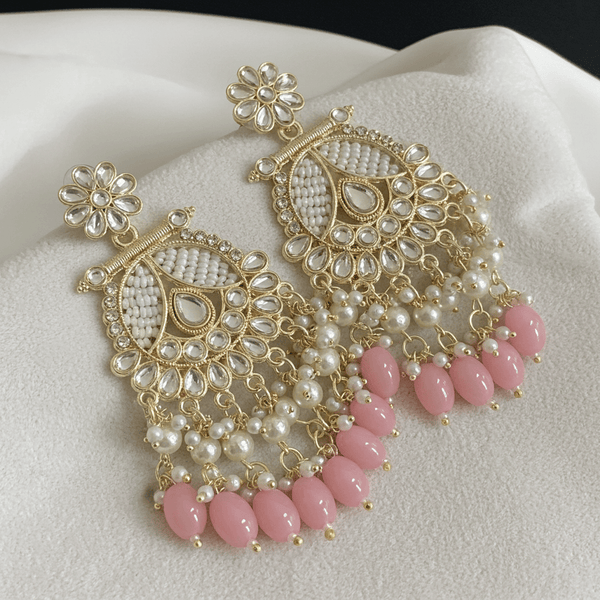 Tessara Gold-Plated Kundan & Pearl Chandbali Earrings with Onion Pink Beads