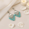 Tessara Silver-Plated Kundan Teardrop Earrings with Sky Blue Beaded Fringe