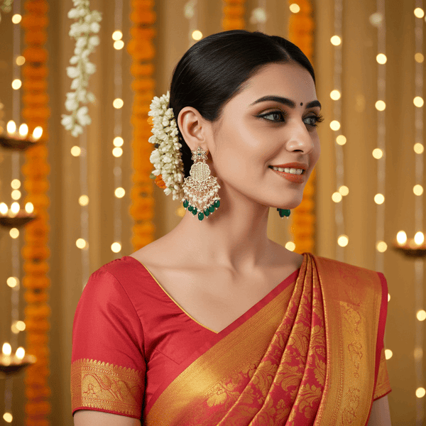 Tessara Silver Kundan Chandeliers with Bottle Green Beads