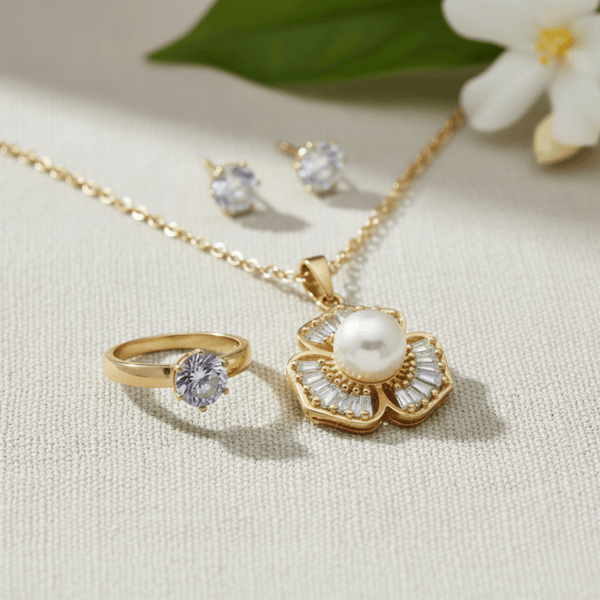 Tessara Gold-Plated Pearl & Zirconia Floral Pendant Set