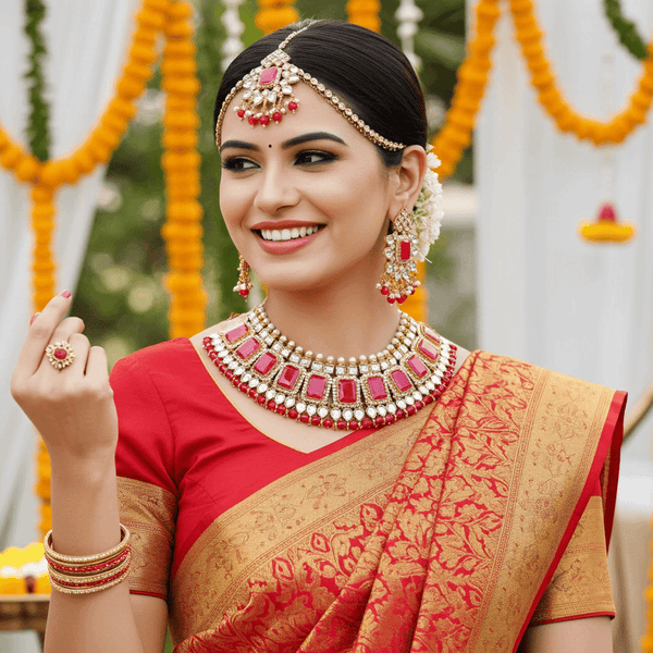 Tessara Gold-Plated Stone-Studded Jewellery Set, Rani Pink