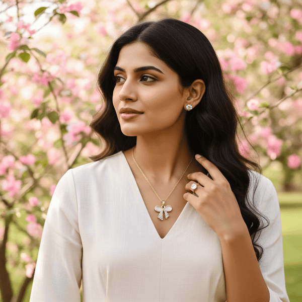 Tessara Gold-Plated Translucent Stone Bow & Zirconia Pendant Set