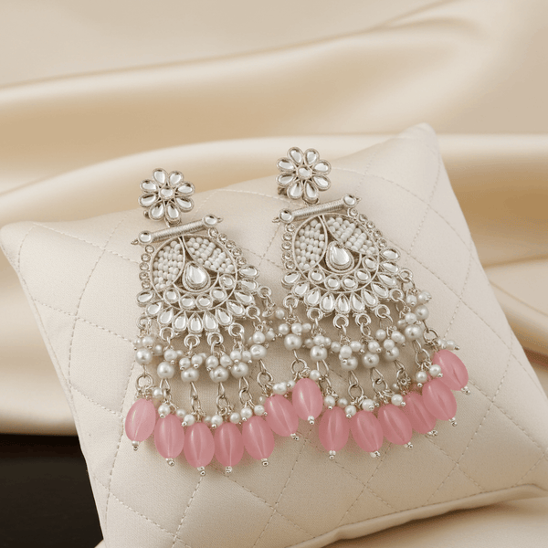 Tessara Silver-Plated Kundan Chandelier Earrings with Dusty Pink Beads
