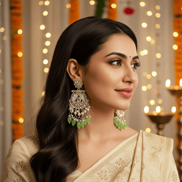 Tessara Gold-Plated Kundan & Pearl Chandbali Earrings with Pista Green Beads