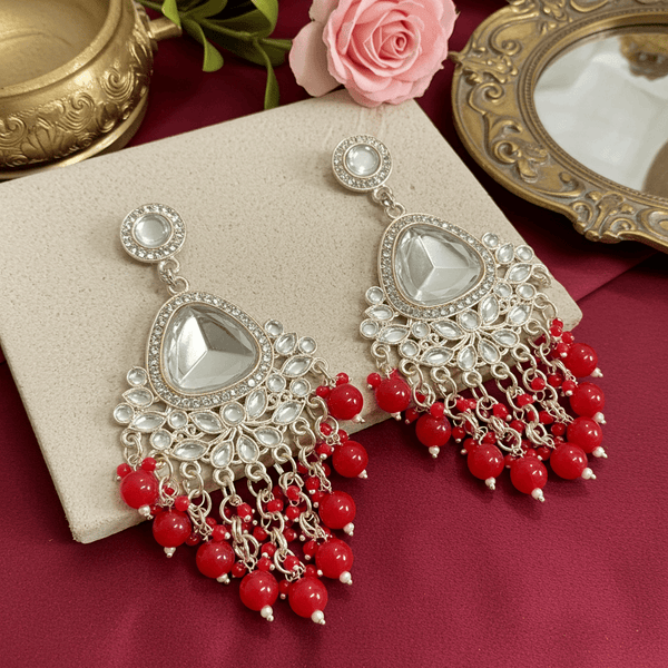 Tessara Silver-Plated Kundan Teardrop Earrings with Red Beaded Fringe