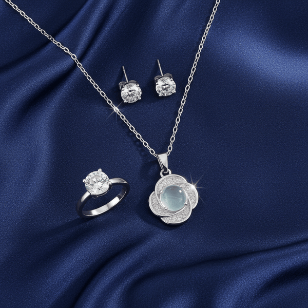 Tessara Silver-Plated Translucent Stone Floral & Solitaire Pendant Set with Ring