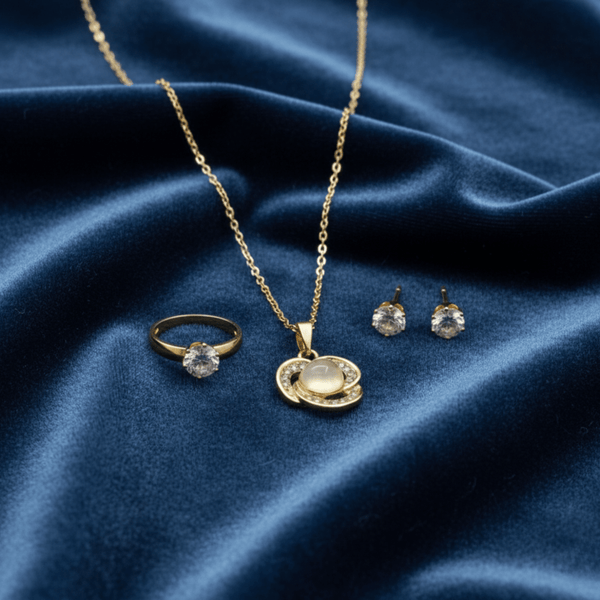 Tessara Gold-Plated Translucent Stone Floral & Solitaire Set