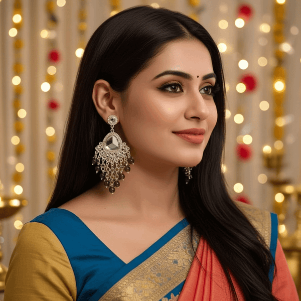 Tessara Silver-Plated Kundan Teardrop Earrings with Mehendi Green Beaded Fringe