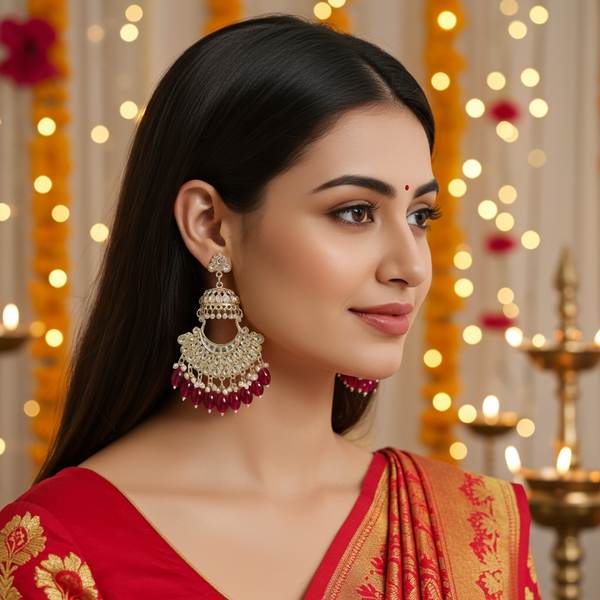 Tessara Gold Kundan Pearl Chandbali with Rani Pink Beads