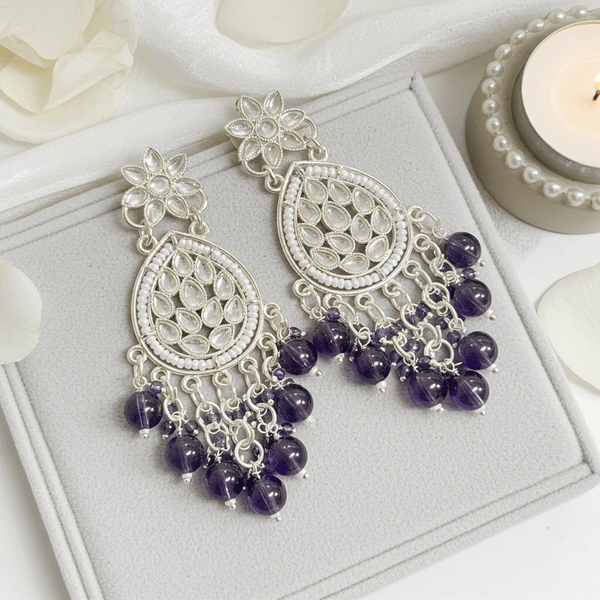 Tessara Silver-Plated Kundan Teardrop Earrings with Purple Beaded Fringe