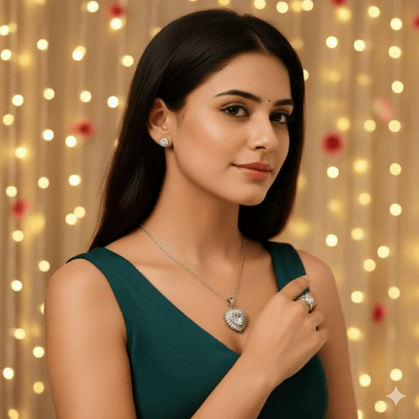 Tessara Silver-Plated Aqua Blue Baguette Heart Pendant Set with Ring