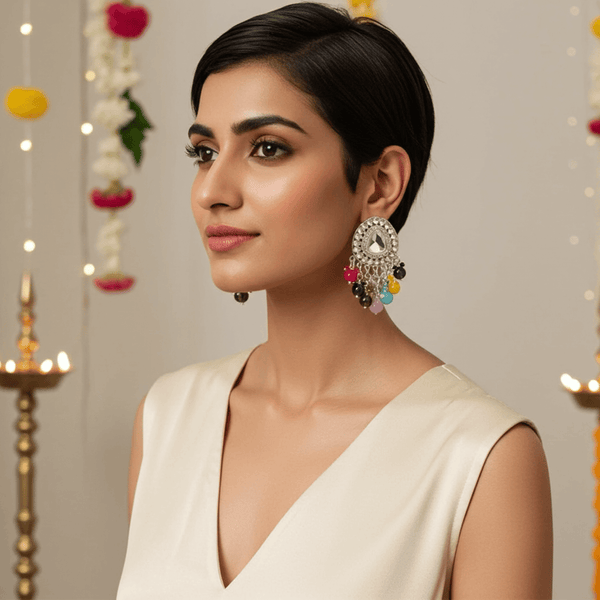 Tessara Silver-Plated Kundan Drop Earrings with Multicolor Beaded Fringe