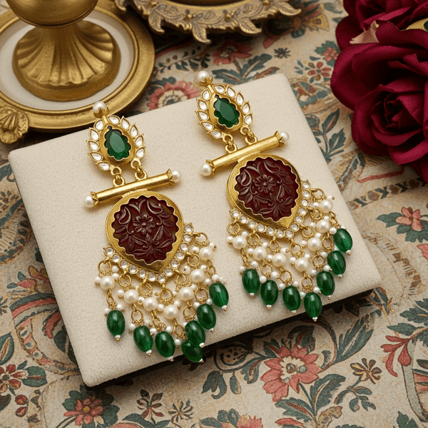 Tessara Gold-Plated Carved Stone & Pearl Drop Earrings in Maroon & Green