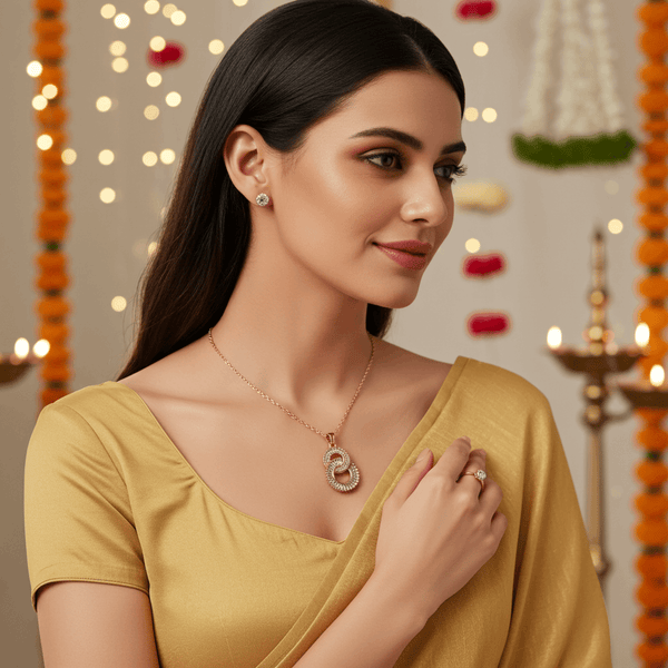 Tessara Rose Gold-Plated AD-Studded Interlocking Pendant Set with Ring