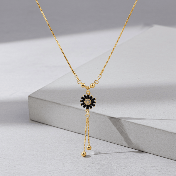 Tessara Gold-Plated Black & White AD-Studded Floral Tassel Pendant