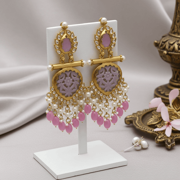 Tessara Gold-Plated Carved Stone & Pearl Drop Earrings in Lavender