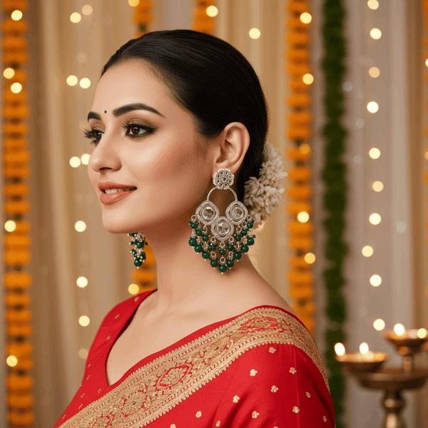 Tessara Silver-Plated Kundan Chandelier Earrings with Bottle Green Beaded Tassels