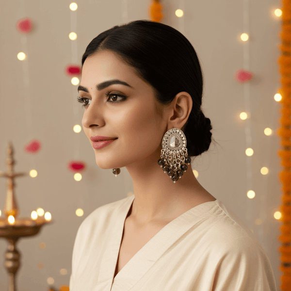 Tessara Silver-Plated Kundan Drop Earrings with Mehendi Green Beaded Fringe