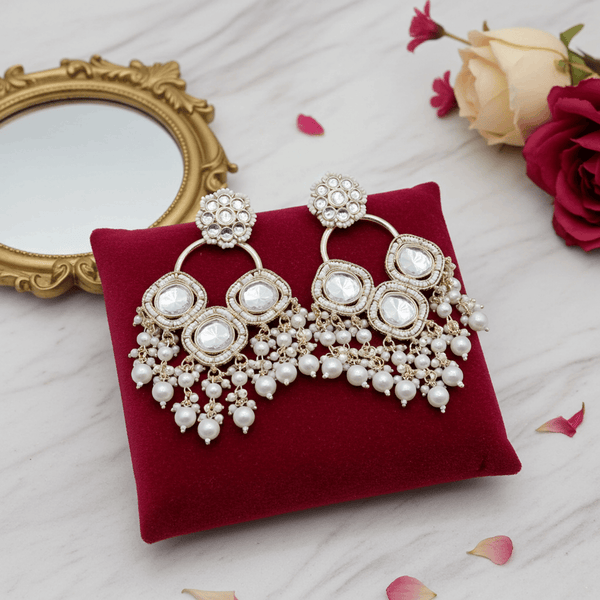 Tessara Silver Kundan & Pearl Chandelier Earrings in White