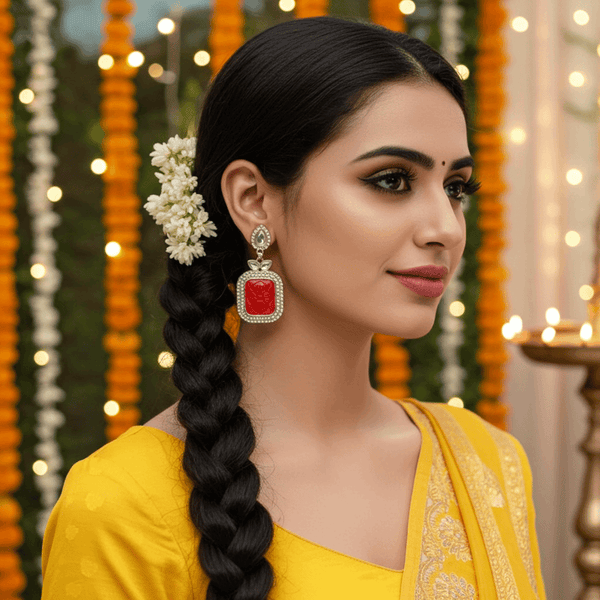 Tessara Silver-Plated Kundan Drop Earrings with Carved Coral Red Stone