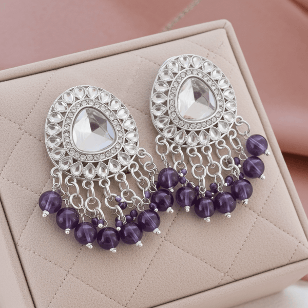 Tessara Silver-Plated Kundan Drop Earrings with Purple Beaded Fringe
